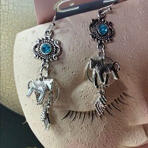 Silver and teal Blue rhinestones charming horse theme Dangle Earrings